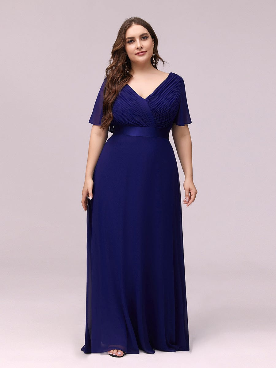 Flutter Sleeve Double V-Neck Plus Size Evening Gown with Ruffled Empire Waist
