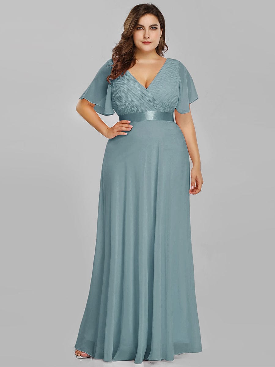 Flutter Sleeve Double V-Neck Plus Size Evening Gown with Ruffled Empire Waist