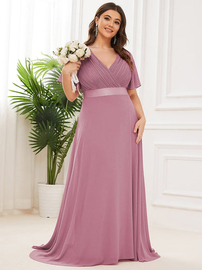 Flutter Sleeve Double V-Neck Plus Size Evening Gown with Ruffled Empire Waist