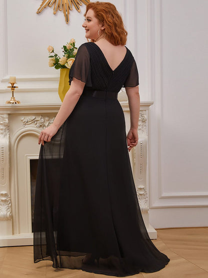 Flutter Sleeve Double V-Neck Plus Size Evening Gown with Ruffled Empire Waist