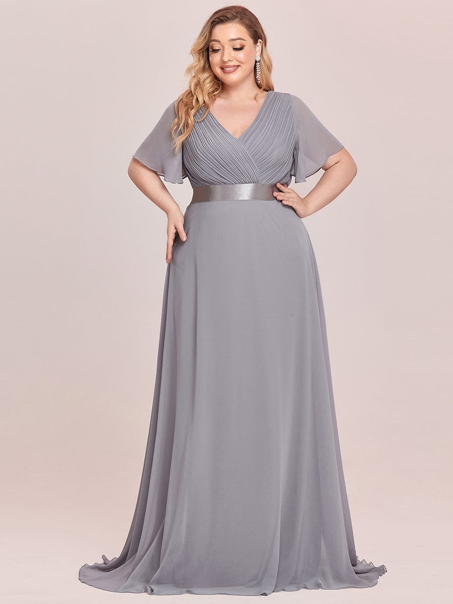 Flutter Sleeve Double V-Neck Plus Size Evening Gown with Ruffled Empire Waist