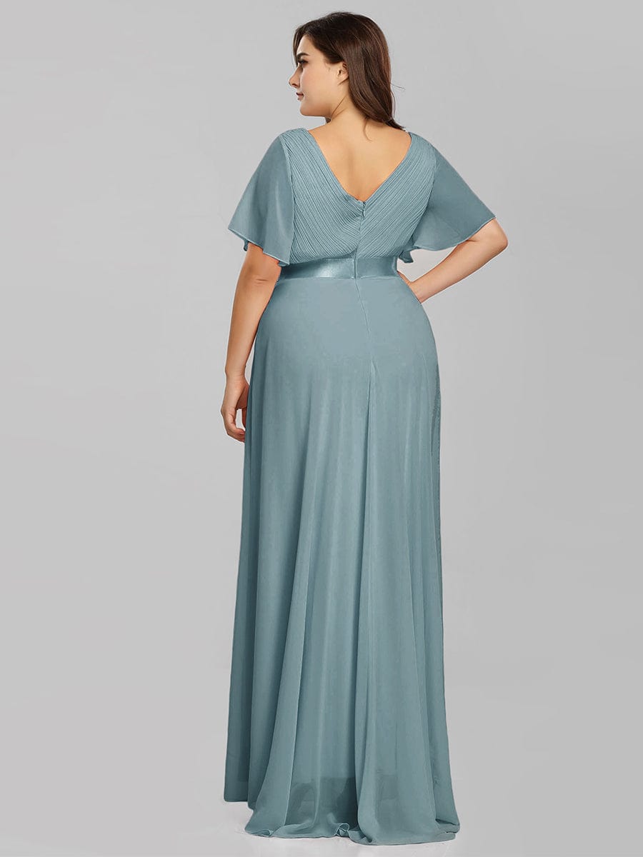 Flutter Sleeve Double V-Neck Plus Size Evening Gown with Ruffled Empire Waist
