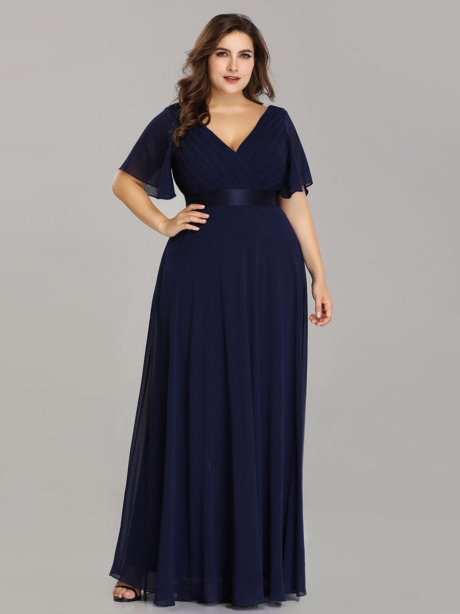 Flutter Sleeve Double V-Neck Plus Size Evening Gown with Ruffled Empire Waist