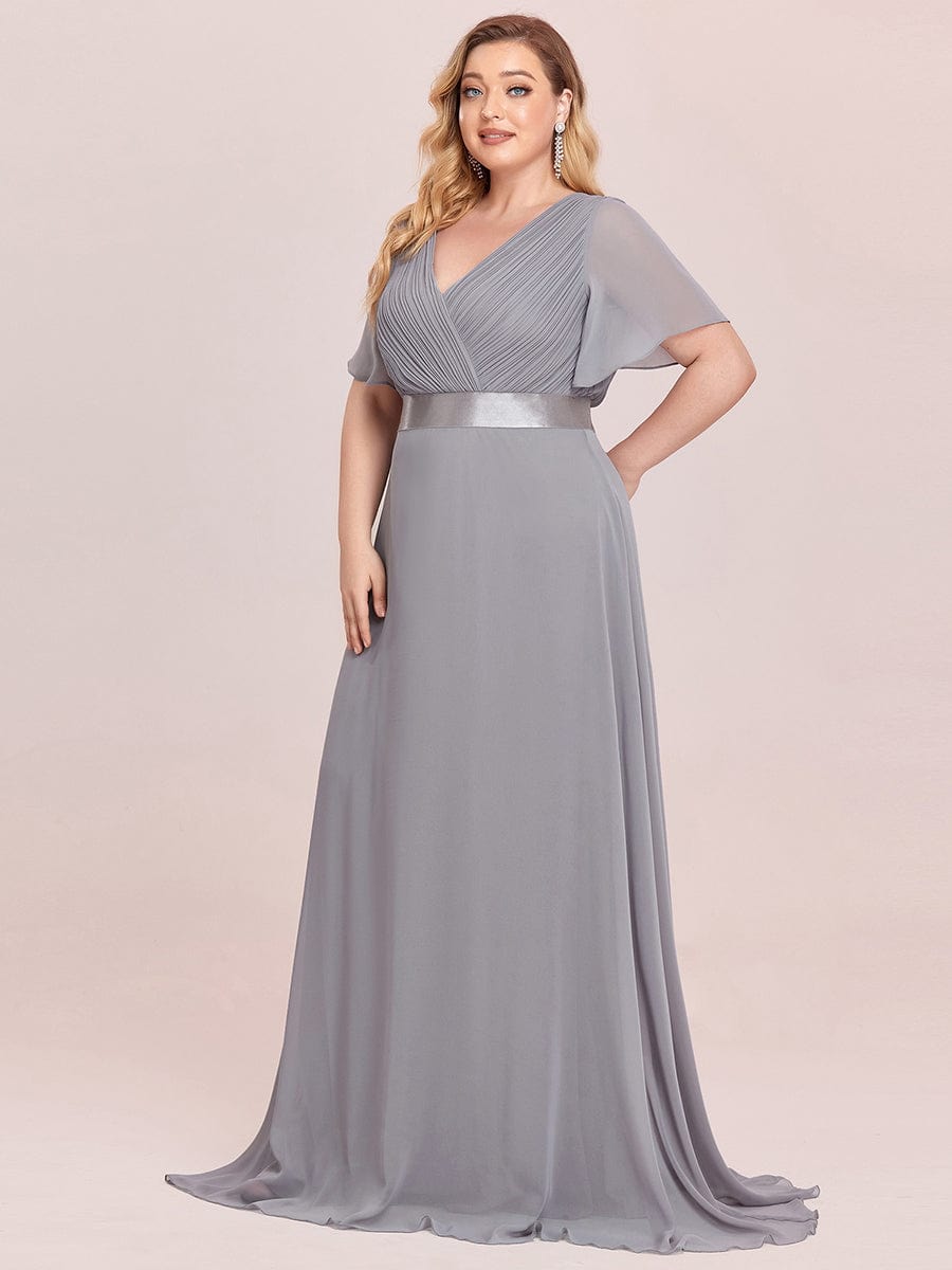 Flutter Sleeve Double V-Neck Plus Size Evening Gown with Ruffled Empire Waist
