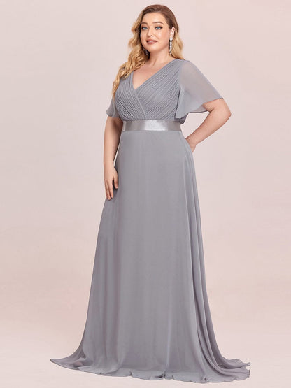 Flutter Sleeve Double V-Neck Plus Size Evening Gown with Ruffled Empire Waist