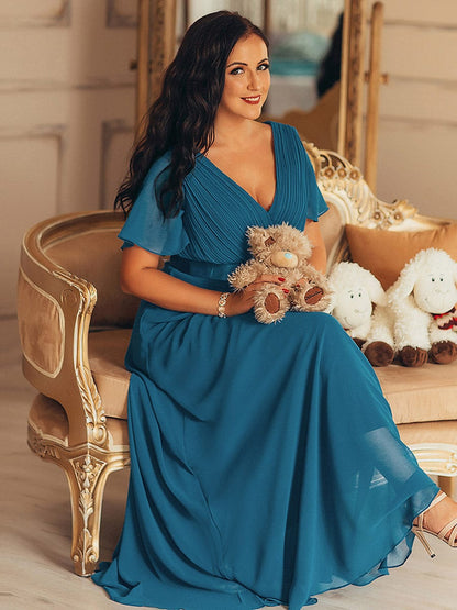 Flutter Sleeve Double V-Neck Plus Size Evening Gown with Ruffled Empire Waist