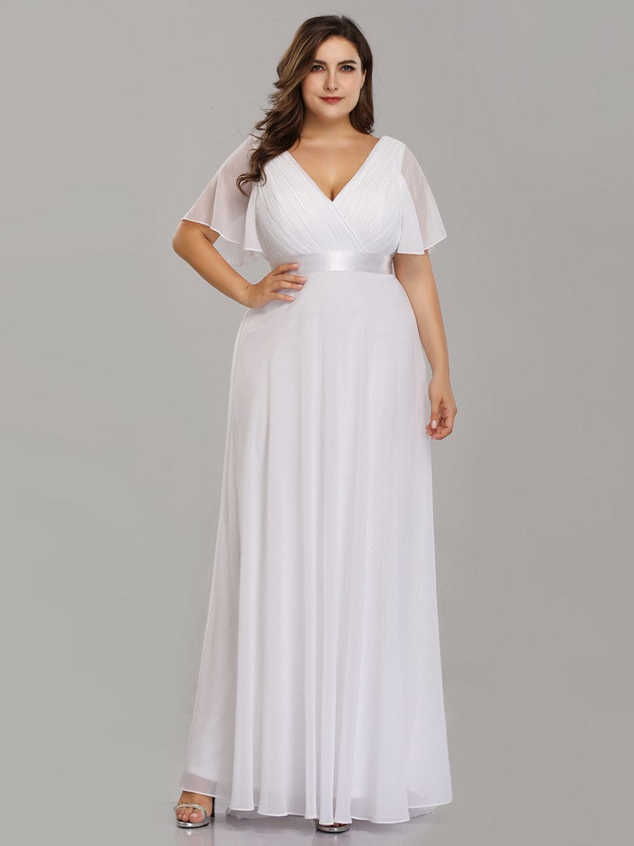 Flutter Sleeve Double V-Neck Plus Size Evening Gown with Ruffled Empire Waist