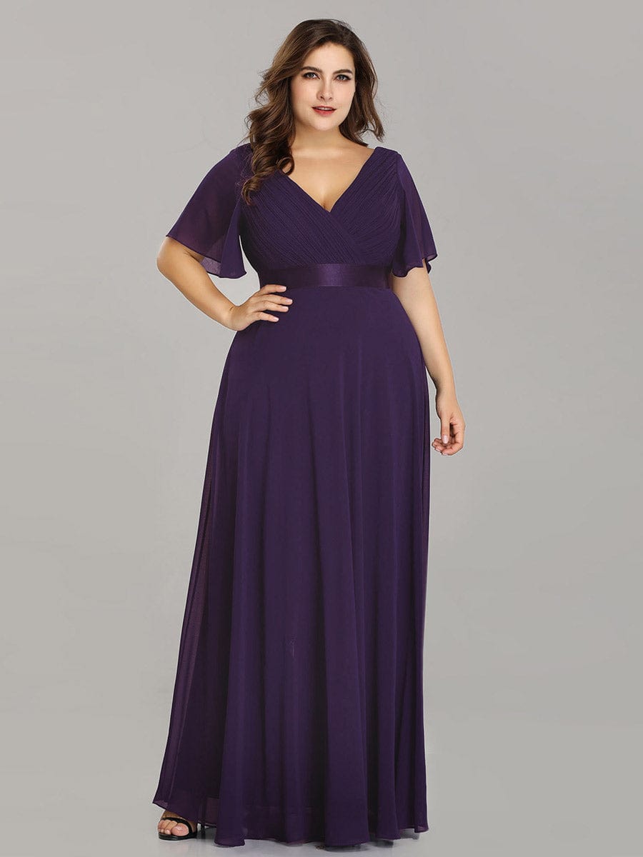 Flutter Sleeve Double V-Neck Plus Size Evening Gown with Ruffled Empire Waist