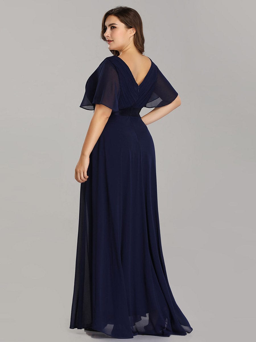 Flutter Sleeve Double V-Neck Plus Size Evening Gown with Ruffled Empire Waist