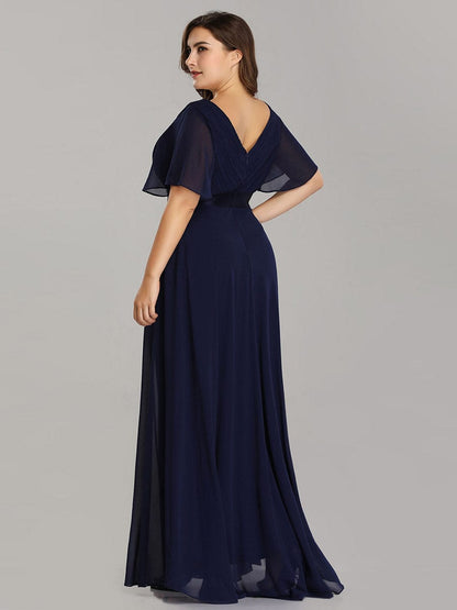 Flutter Sleeve Double V-Neck Plus Size Evening Gown with Ruffled Empire Waist