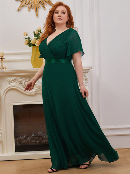 Flutter Sleeve Double V-Neck Plus Size Evening Gown with Ruffled Empire Waist