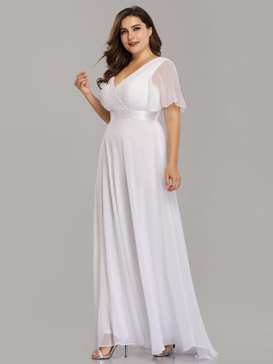 Flutter Sleeve Double V-Neck Plus Size Evening Gown with Ruffled Empire Waist
