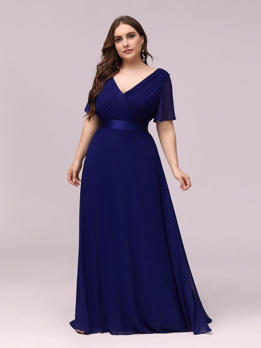 Flutter Sleeve Double V-Neck Plus Size Evening Gown with Ruffled Empire Waist