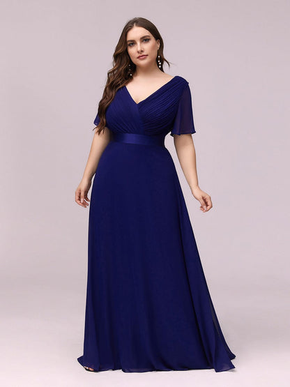 Flutter Sleeve Double V-Neck Plus Size Evening Gown with Ruffled Empire Waist