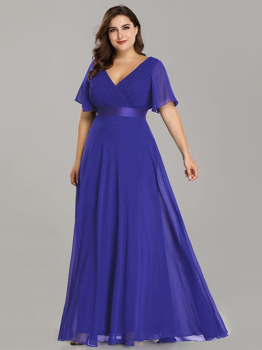 Flutter Sleeve Double V-Neck Plus Size Evening Gown with Ruffled Empire Waist