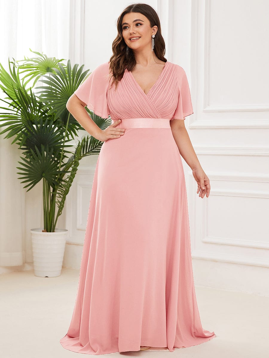 Flutter Sleeve Double V-Neck Plus Size Evening Gown with Ruffled Empire Waist