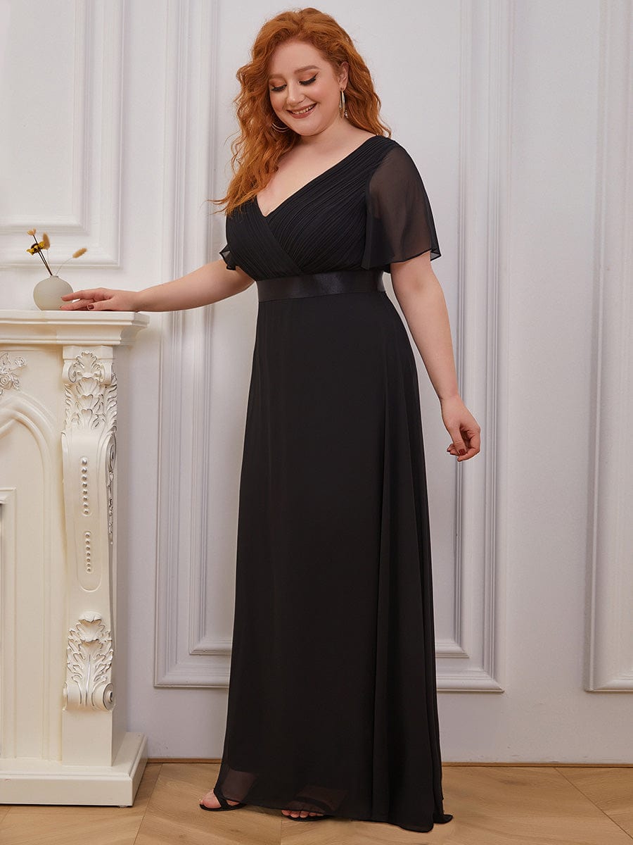 Flutter Sleeve Double V-Neck Plus Size Evening Gown with Ruffled Empire Waist