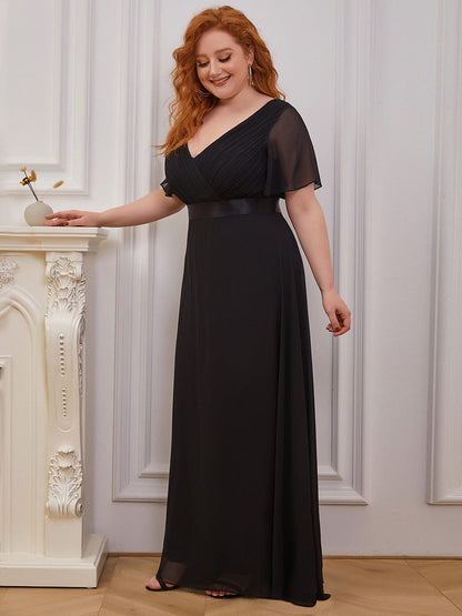 Flutter Sleeve Double V-Neck Plus Size Evening Gown with Ruffled Empire Waist