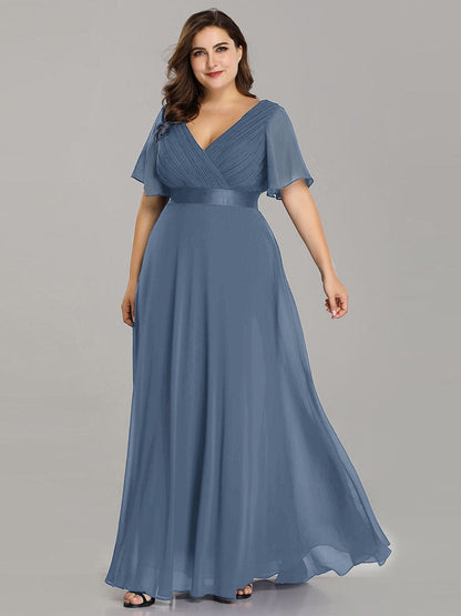 Flutter Sleeve Double V-Neck Plus Size Evening Gown with Ruffled Empire Waist