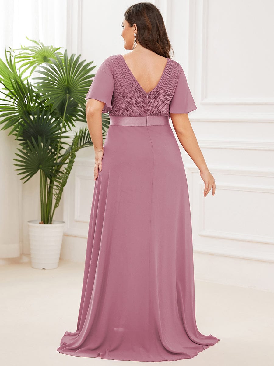 Flutter Sleeve Double V-Neck Plus Size Evening Gown with Ruffled Empire Waist