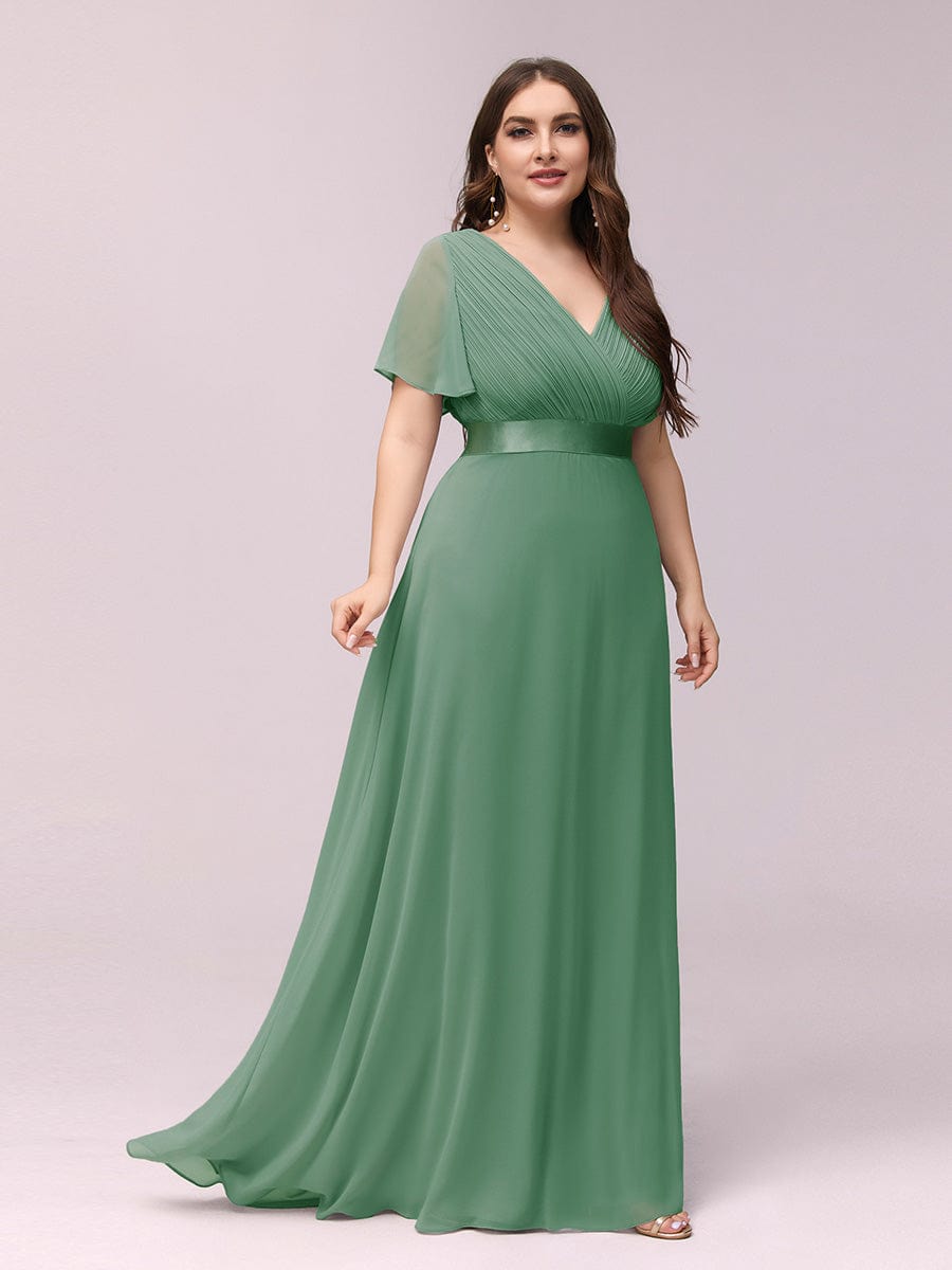Flutter Sleeve Double V-Neck Plus Size Evening Gown with Ruffled Empire Waist