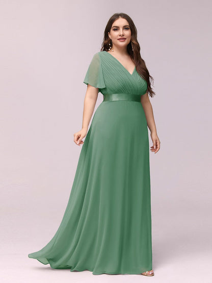 Flutter Sleeve Double V-Neck Plus Size Evening Gown with Ruffled Empire Waist