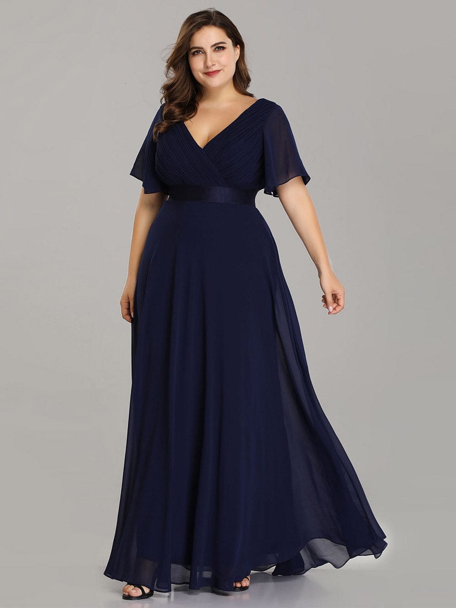 Flutter Sleeve Double V-Neck Plus Size Evening Gown with Ruffled Empire Waist
