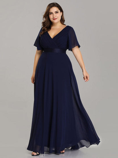 Flutter Sleeve Double V-Neck Plus Size Evening Gown with Ruffled Empire Waist