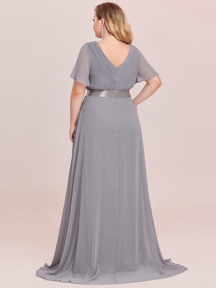 Flutter Sleeve Double V-Neck Plus Size Evening Gown with Ruffled Empire Waist