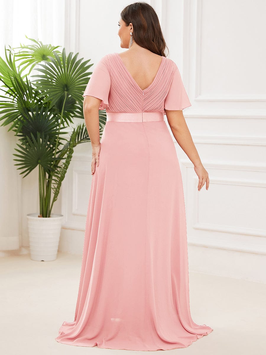 Flutter Sleeve Double V-Neck Plus Size Evening Gown with Ruffled Empire Waist