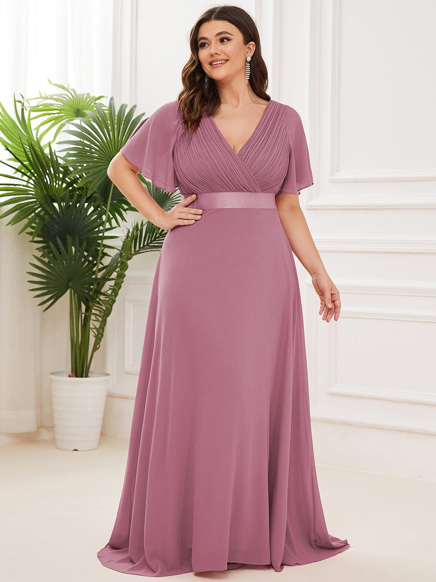 Flutter Sleeve Double V-Neck Plus Size Evening Gown with Ruffled Empire Waist