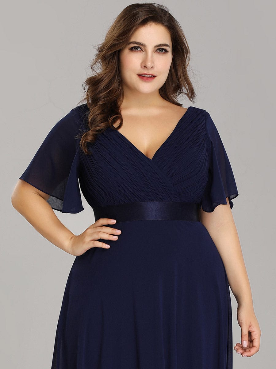 Flutter Sleeve Double V-Neck Plus Size Evening Gown with Ruffled Empire Waist