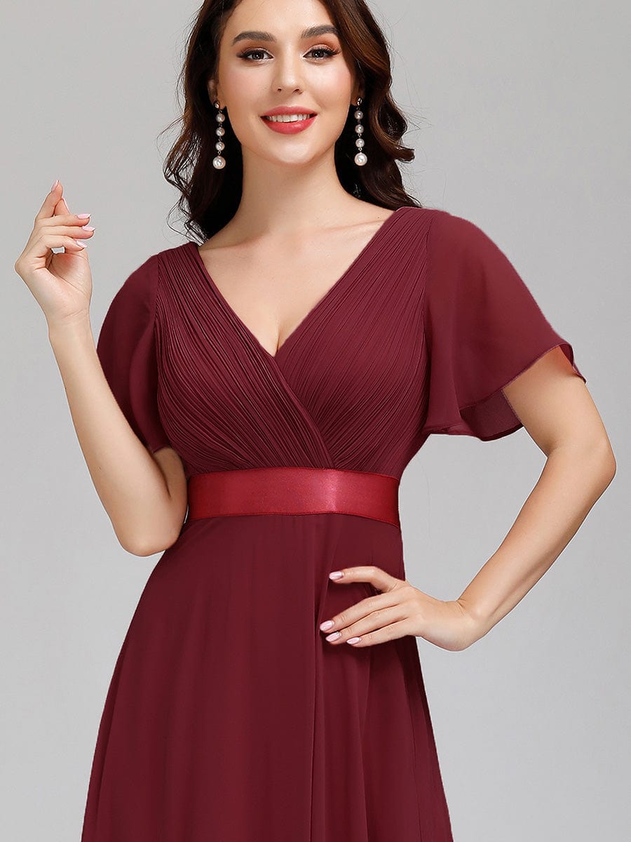 Flutter Sleeve Double V-Neck Plus Size Evening Gown with Ruffled Empire Waist