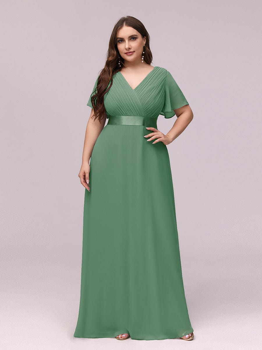 Flutter Sleeve Double V-Neck Plus Size Evening Gown with Ruffled Empire Waist