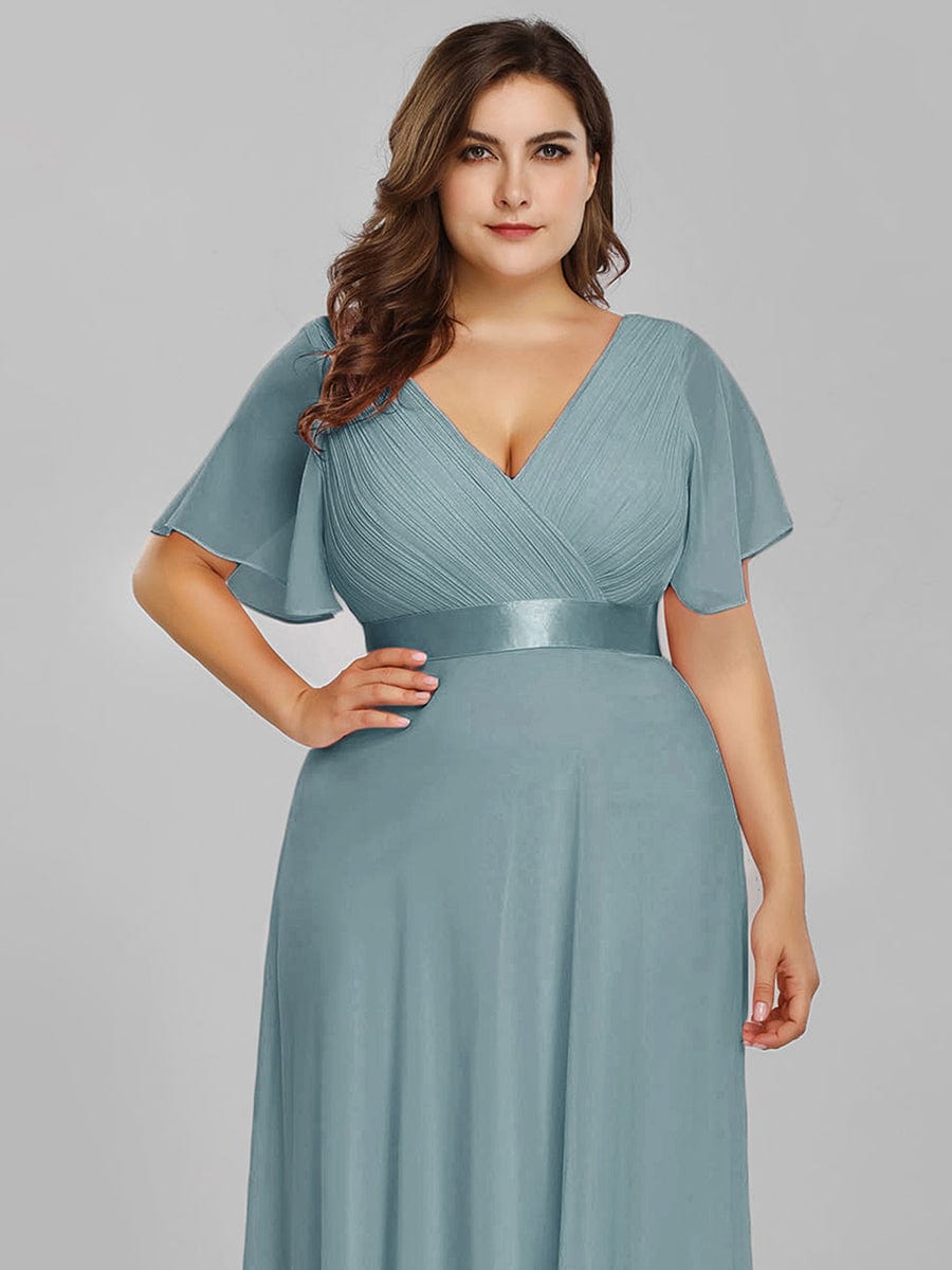 Flutter Sleeve Double V-Neck Plus Size Evening Gown with Ruffled Empire Waist