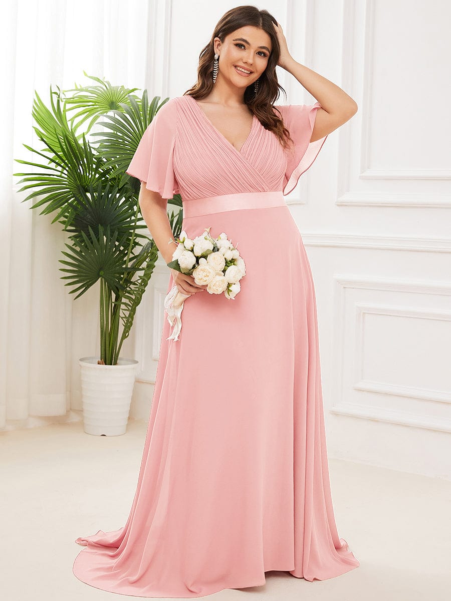Flutter Sleeve Double V-Neck Plus Size Evening Gown with Ruffled Empire Waist