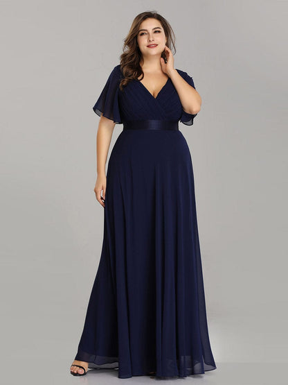Flutter Sleeve Double V-Neck Plus Size Evening Gown with Ruffled Empire Waist