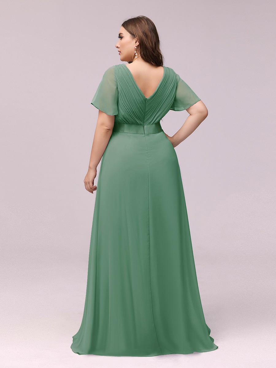 Flutter Sleeve Double V-Neck Plus Size Evening Gown with Ruffled Empire Waist