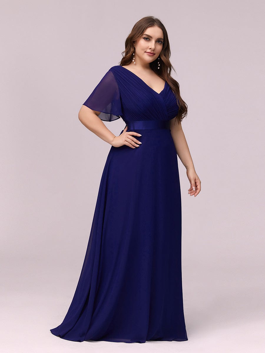 Flutter Sleeve Double V-Neck Plus Size Evening Gown with Ruffled Empire Waist
