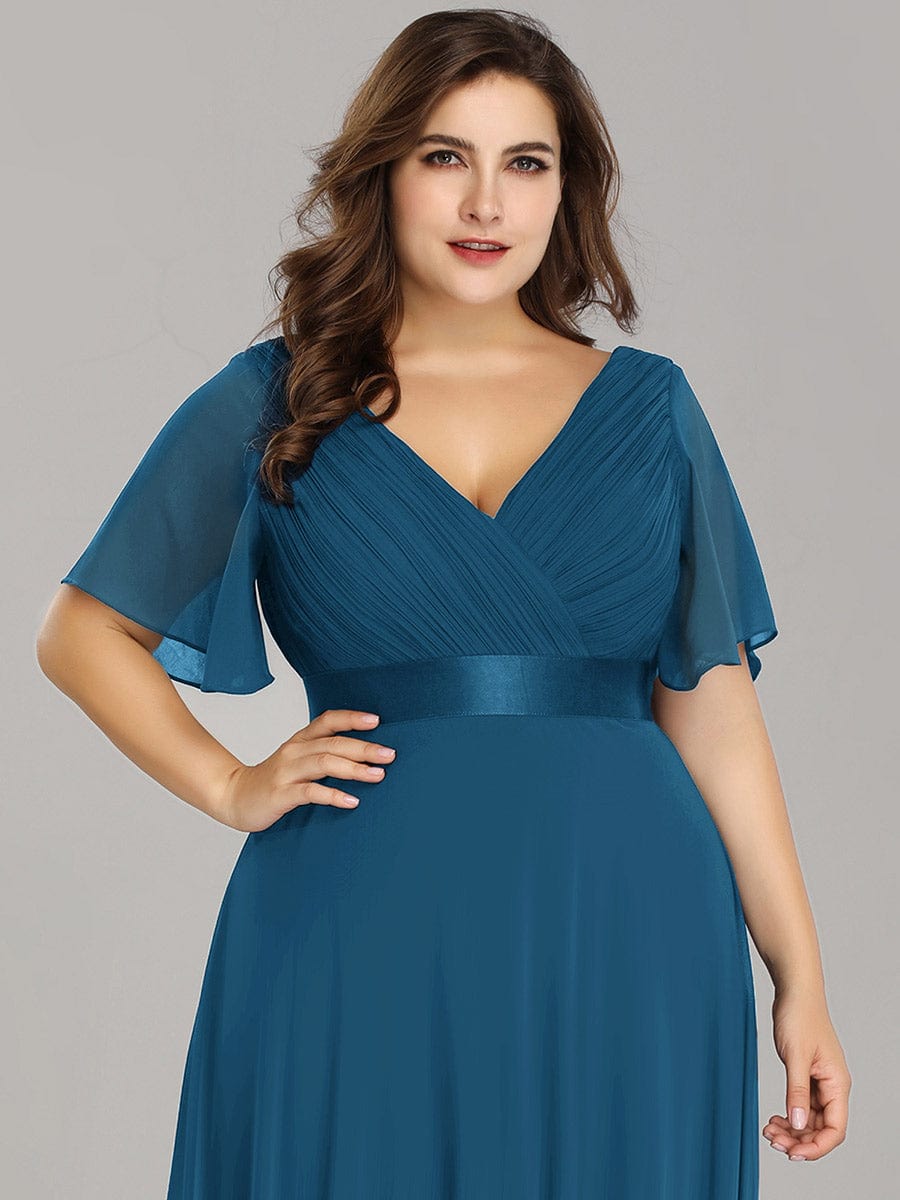 Flutter Sleeve Double V-Neck Plus Size Evening Gown with Ruffled Empire Waist