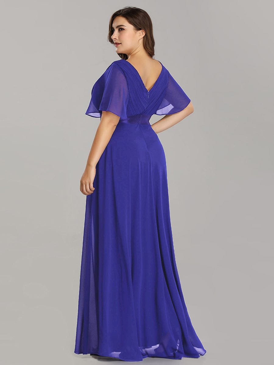 Flutter Sleeve Double V-Neck Plus Size Evening Gown with Ruffled Empire Waist