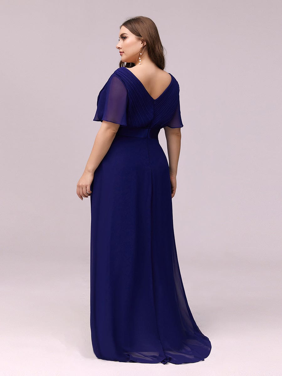 Flutter Sleeve Double V-Neck Plus Size Evening Gown with Ruffled Empire Waist