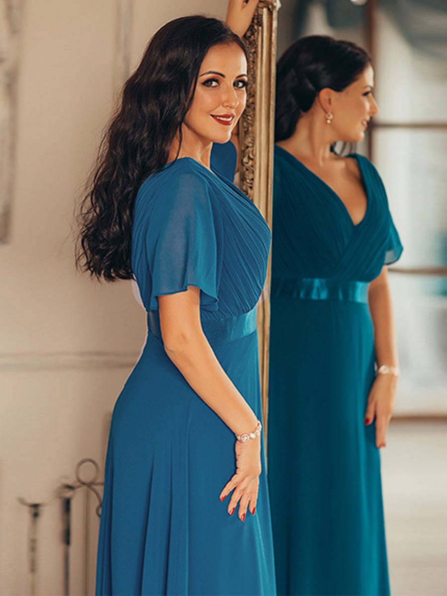 Flutter Sleeve Double V-Neck Plus Size Evening Gown with Ruffled Empire Waist