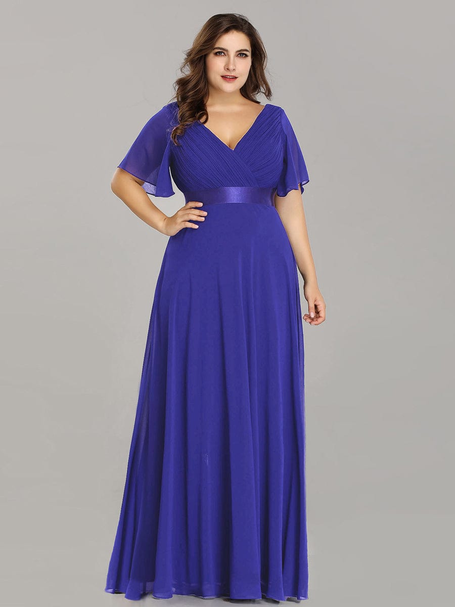 Flutter Sleeve Double V-Neck Plus Size Evening Gown with Ruffled Empire Waist