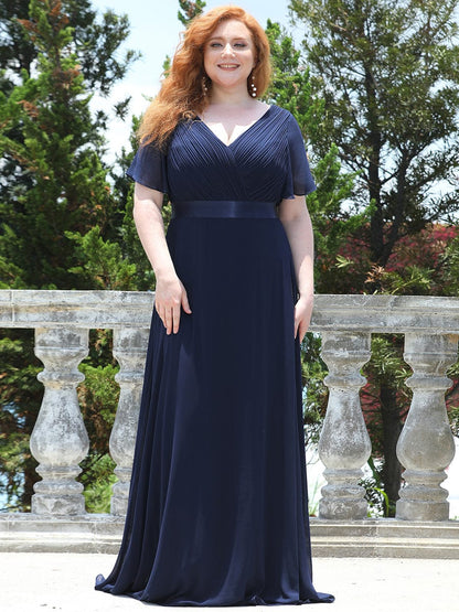Flutter Sleeve Double V-Neck Plus Size Evening Gown with Ruffled Empire Waist