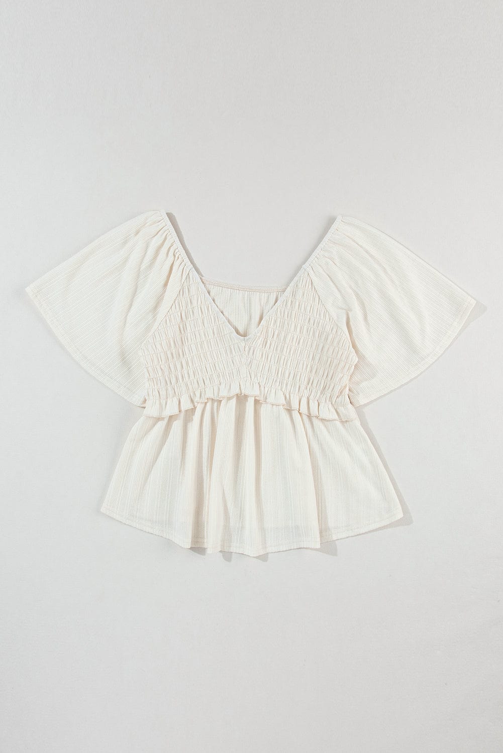 Flutter Sleeve Oatmeal Textured Blouse with Shirred V-Neck