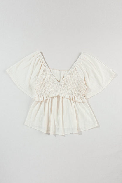 Flutter Sleeve Oatmeal Textured Blouse with Shirred V-Neck