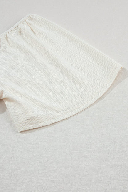 Flutter Sleeve Oatmeal Textured Blouse with Shirred V-Neck