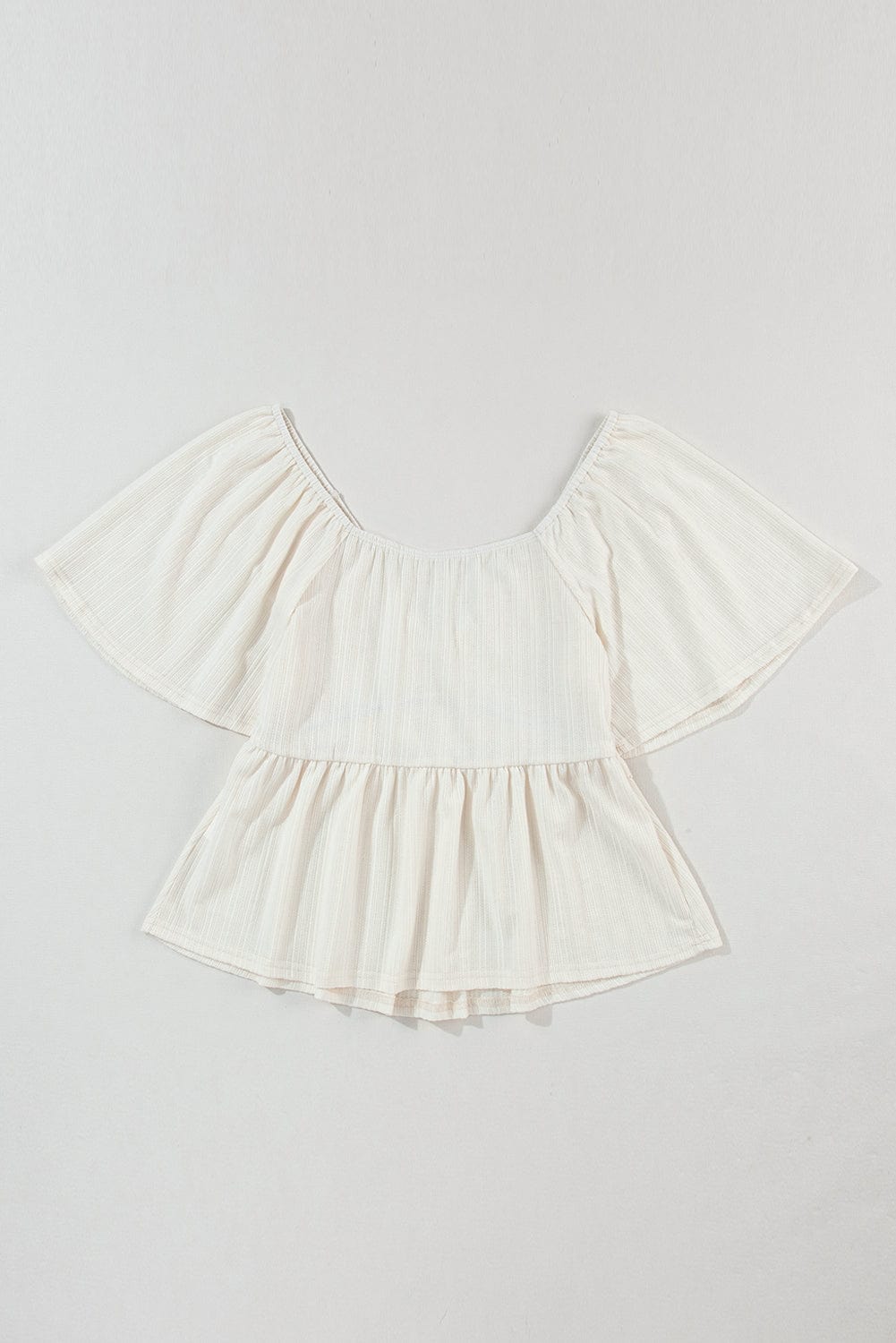 Flutter Sleeve Oatmeal Textured Blouse with Shirred V-Neck