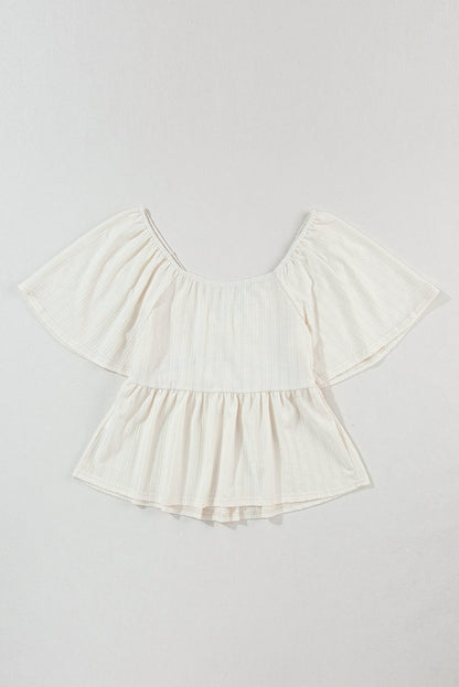 Flutter Sleeve Oatmeal Textured Blouse with Shirred V-Neck